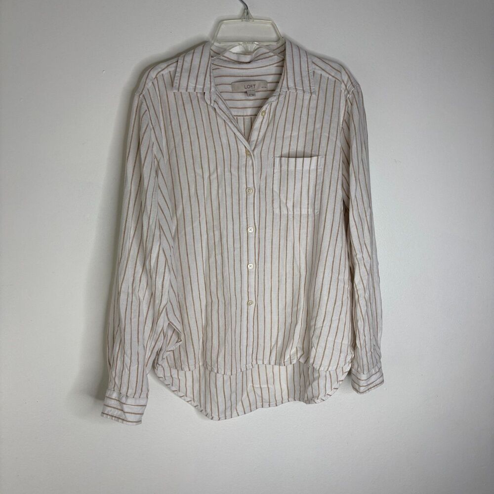 LOFT Petite Linen Blend Striped Button Front Shirt Beige Long Sleeve SP